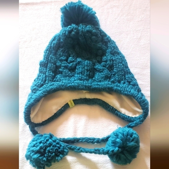 Fur Head Wear Teal Cable Knit Pom Beanie Earflap Tasseled Hat - Picture 1 of 10